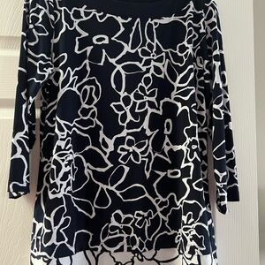 Floral Navy and White Susan Graver liquid knit  Women's Top